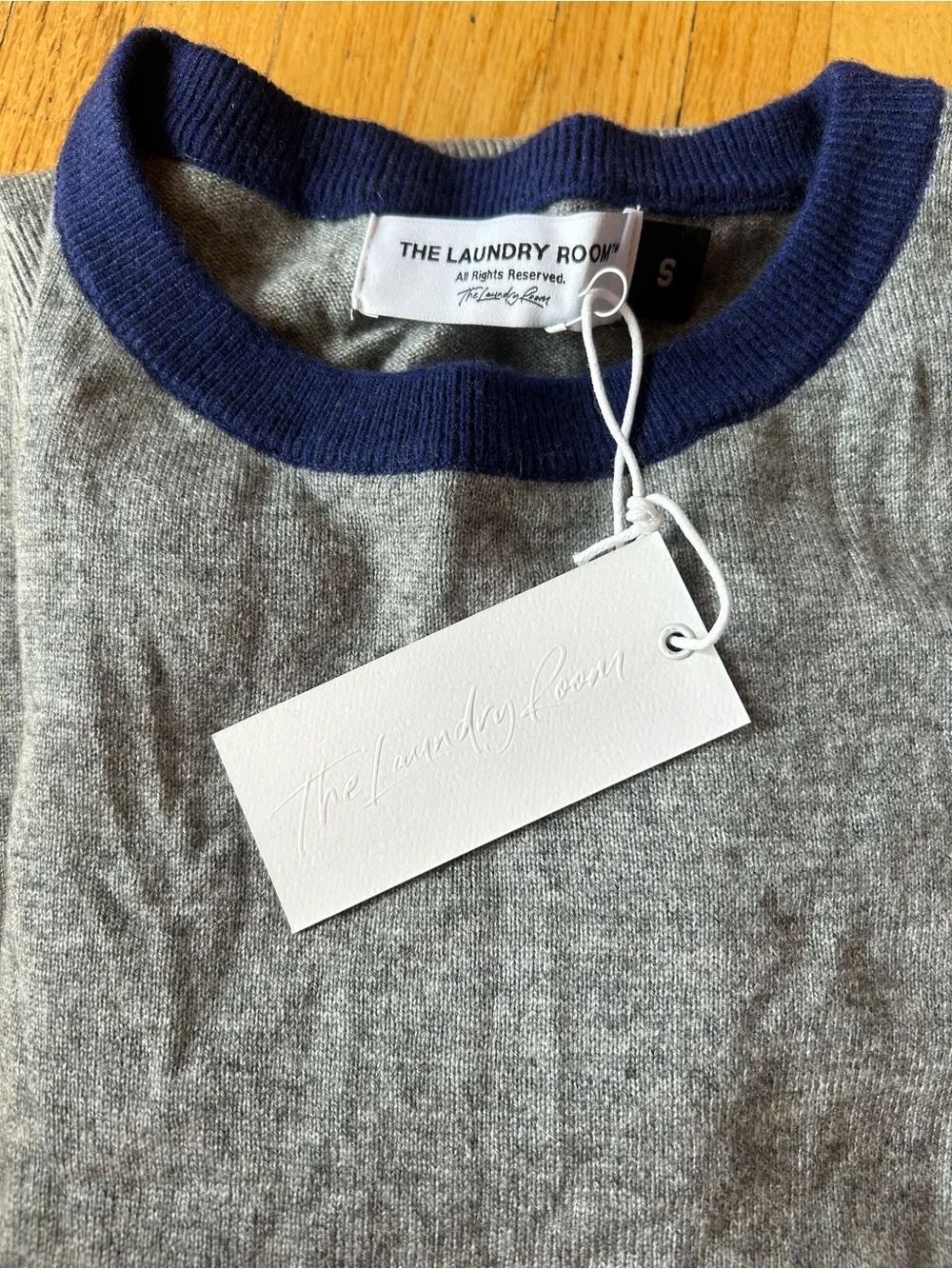 The Laundry Room Gray Crewneck Sweater with Navy Sleeves